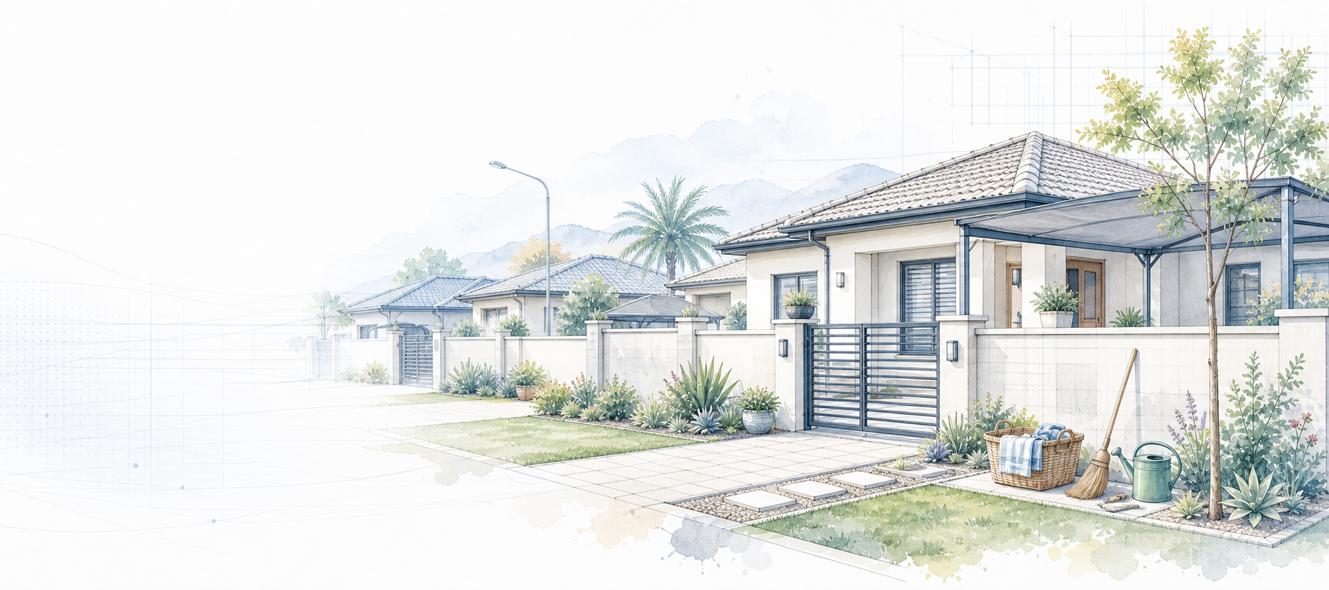 Line-art Namibian suburban home with a compact yard